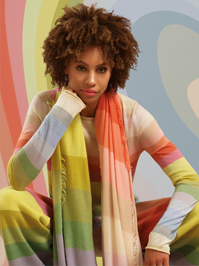 Sweater „Nunu Pastel-Stripes“, Trousers „Culotte Pastel-Stripes“, Shawl „Felted Knit Pastel-Stripes“ 